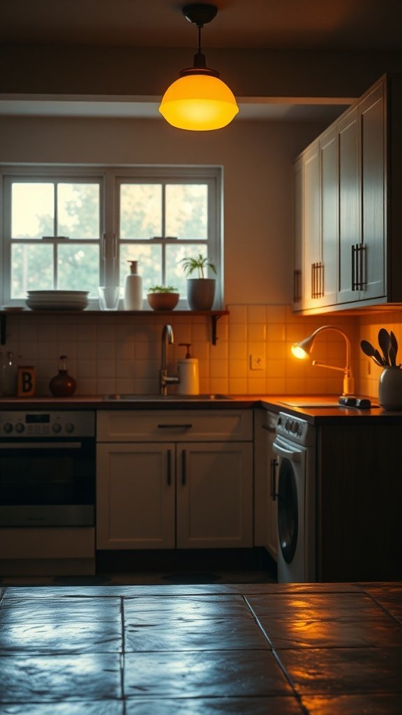 A cozy kitchen with warm lighting from a pendant lamp and a counter lamp, highlighting the inviting atmosphere.