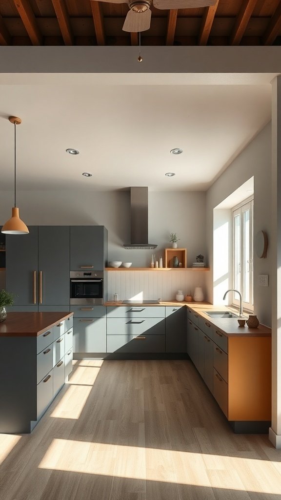 Modern kitchen with two-tone cabinets in blue and wood tones