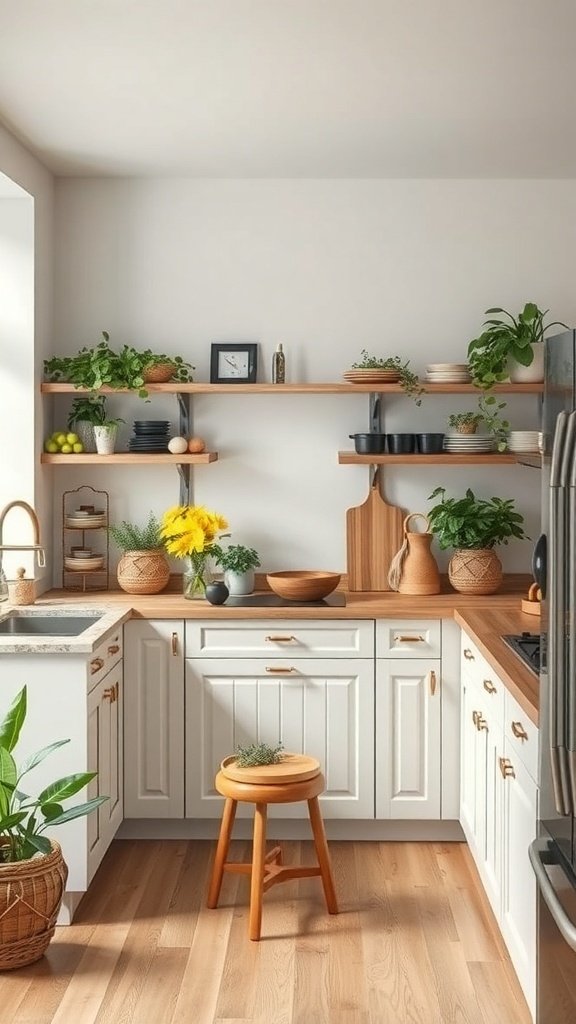 A modern farmhouse kitchen featuring wooden shelves, plants, and natural materials.