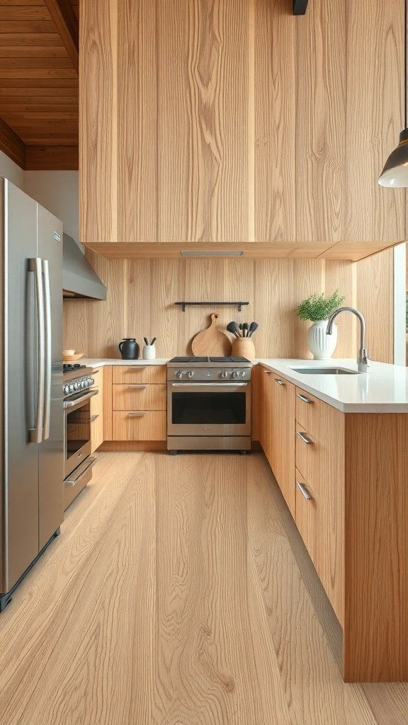 A modern kitchen featuring white oak cabinets, showcasing the natural beauty and grain of the wood.