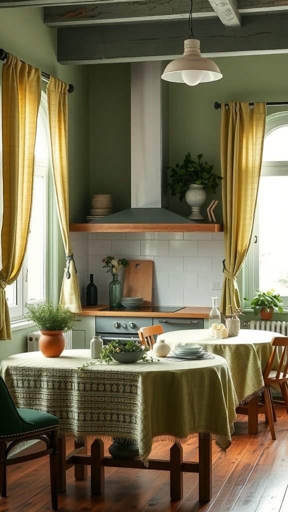 A green kitchen with yellow curtains, a patterned tablecloth, and plants on the table.