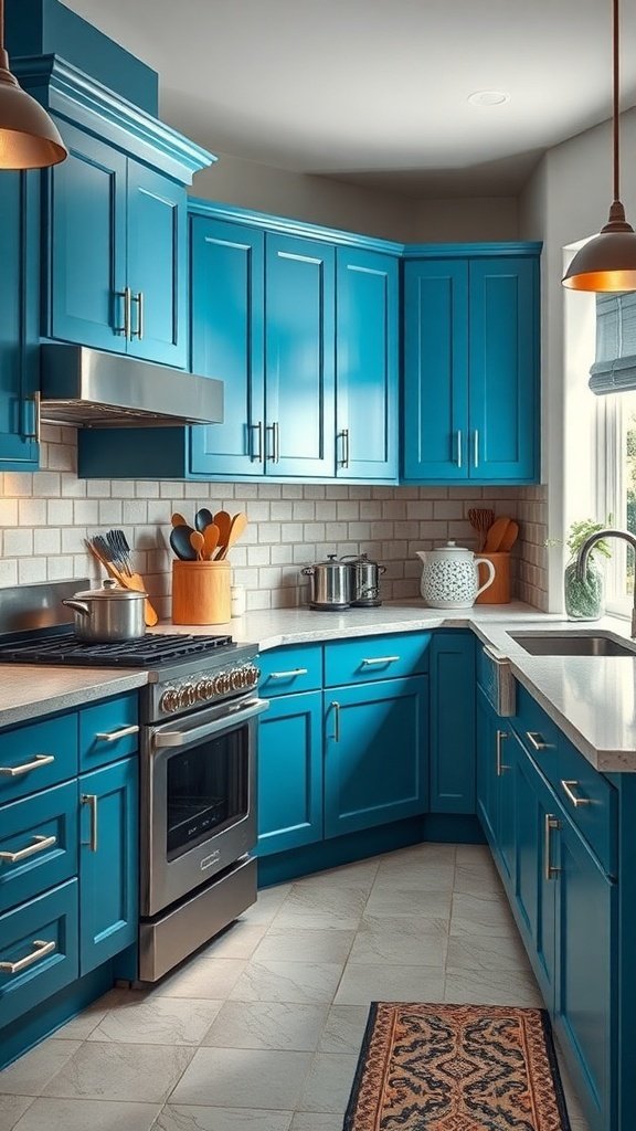 A bright kitchen featuring blue cabinets, stainless steel appliances, and a well-organized layout.