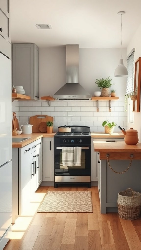 A small, modern kitchen with light cabinets, wooden countertops, and open shelves displaying plants and kitchenware.