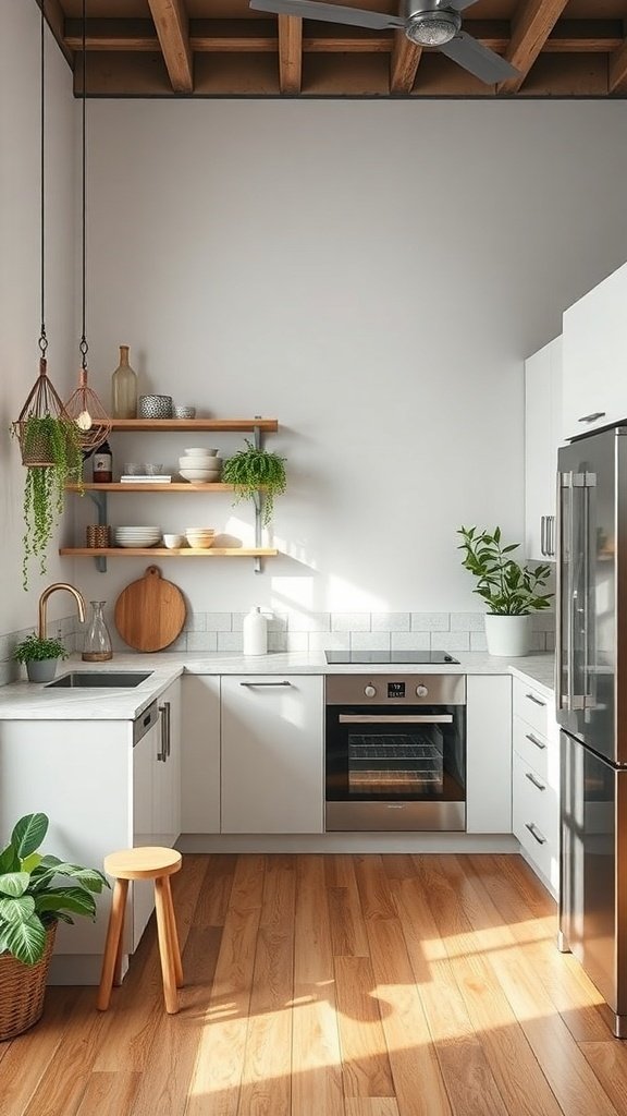 A bright and modern kitchen with white cabinets, wooden shelves, and plants, showcasing a flexible design.