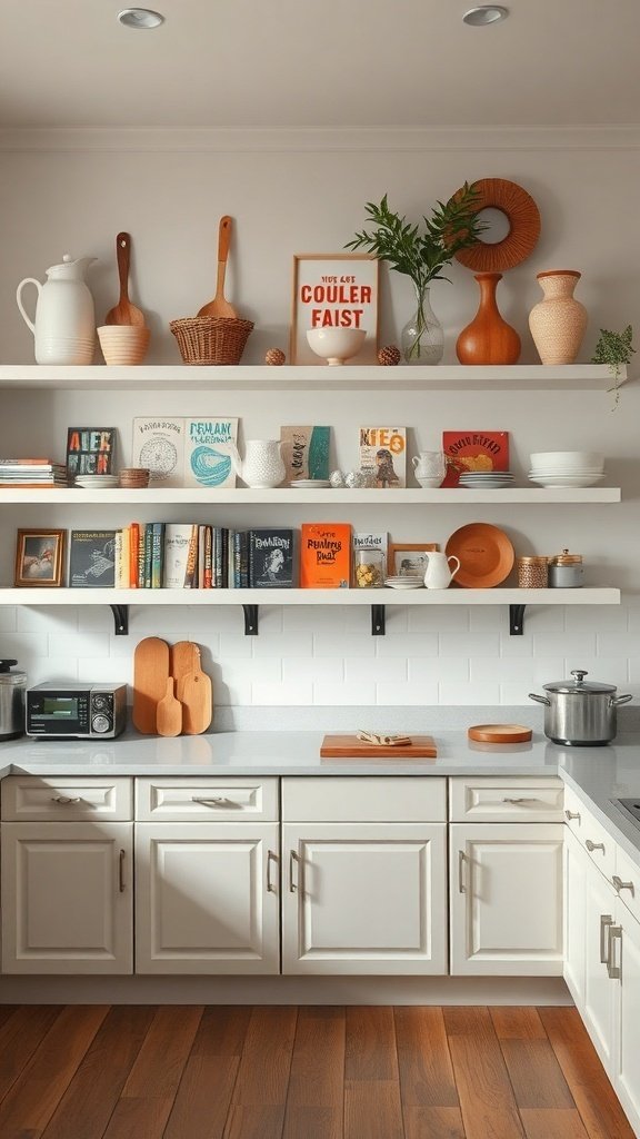 A stylish kitchen with open shelves displaying dishware, books, and decorative items.