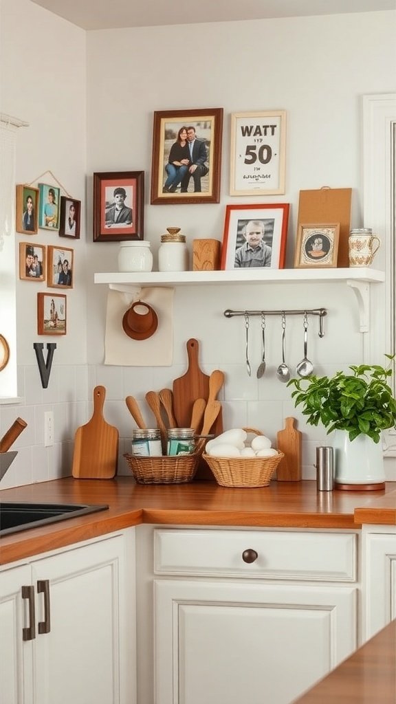 A cozy kitchen corner with framed photos, wooden utensils, and fresh herbs.