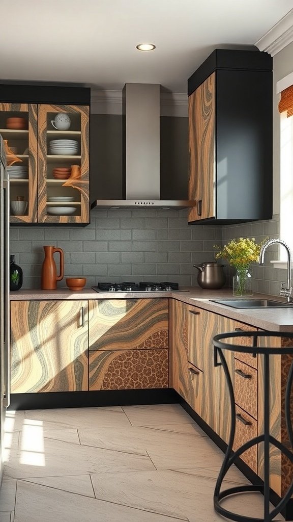A modern kitchen with cabinets featuring bold wood patterns and sleek black accents.
