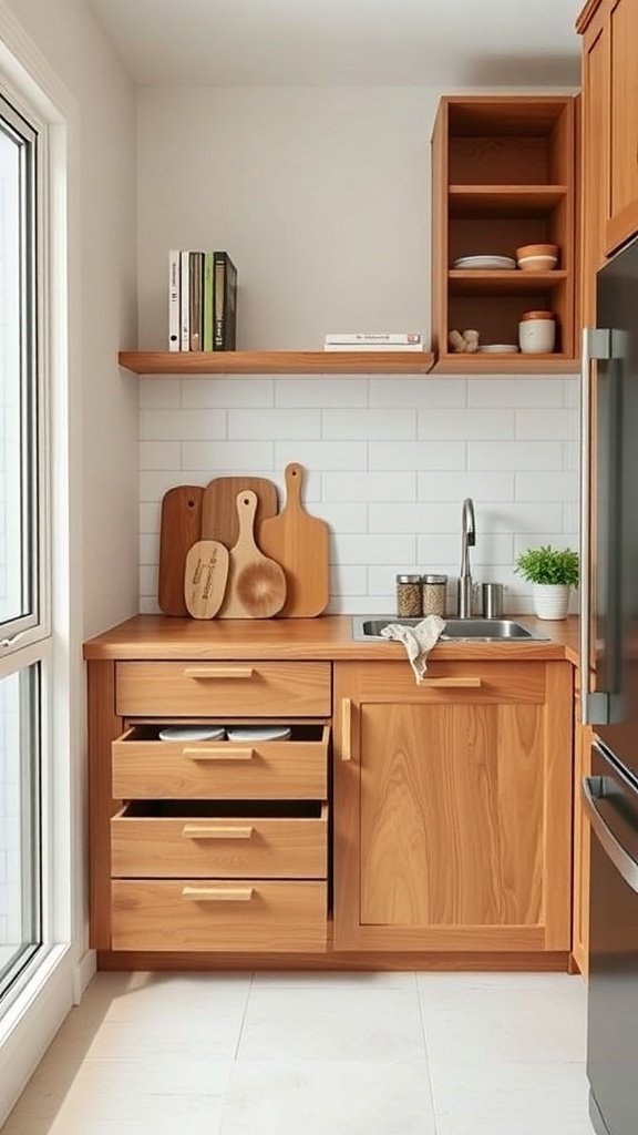 A small kitchen with wooden cabinetry, open shelves, and organized drawers.