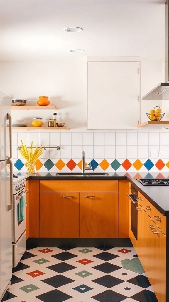 A mid-century modern kitchen featuring a geometric tile backsplash with colorful diamond patterns.