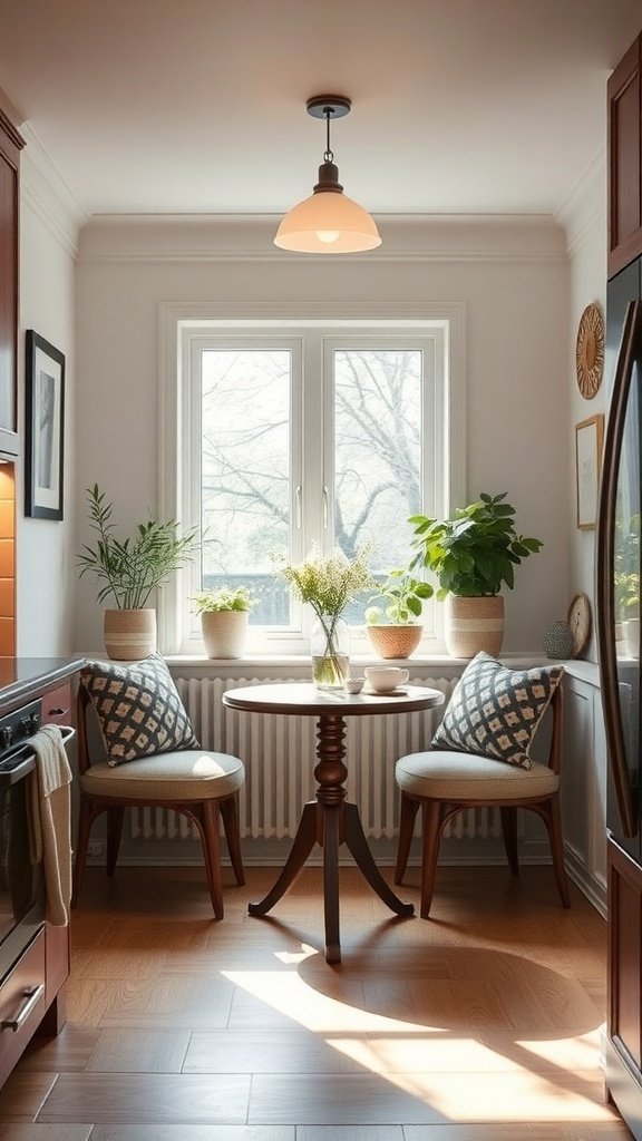 Cozy breakfast nook with a round table, two chairs, and plants by the window.