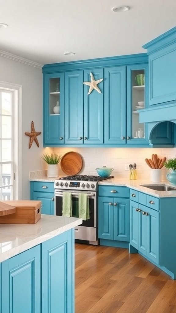 Bright blue kitchen cabinets in a coastal-themed kitchen with starfish decor and wooden accents.
