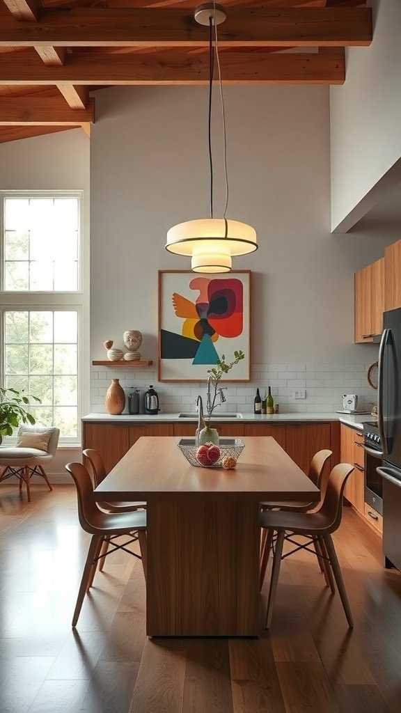 A mid-century modern kitchen featuring a wooden dining table, stylish chairs, a vibrant piece of artwork, and a unique lighting fixture.
