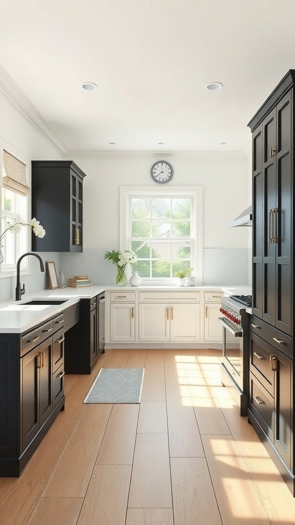 A modern kitchen featuring black cabinets and light wood floors, with natural light coming through a window.