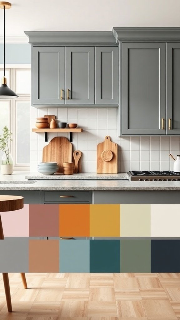 A modern kitchen with gray cabinets and a color palette of various shades below.