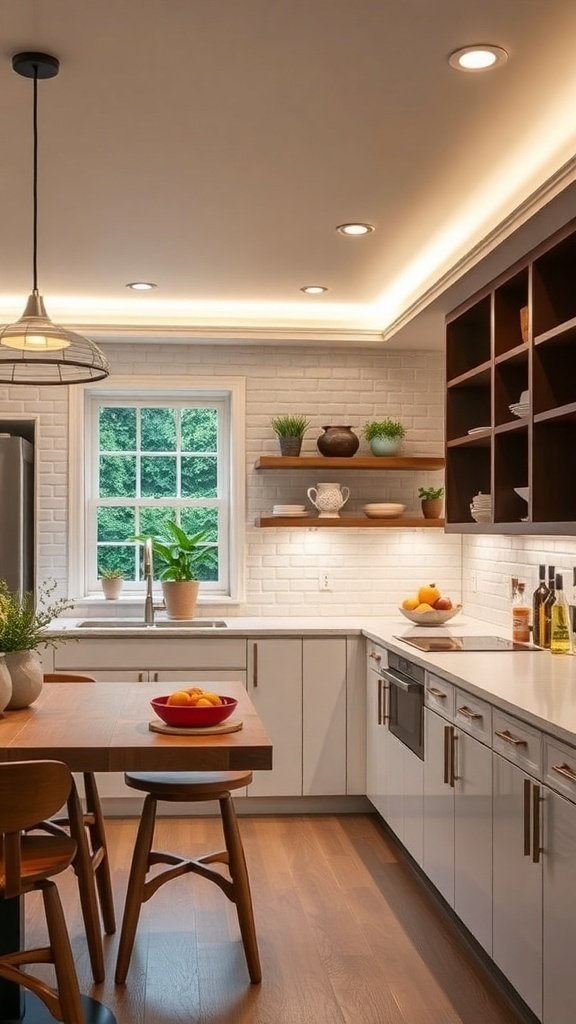 A modern kitchen with customized lighting, featuring recessed lights, under-cabinet lighting, and a pendant light.