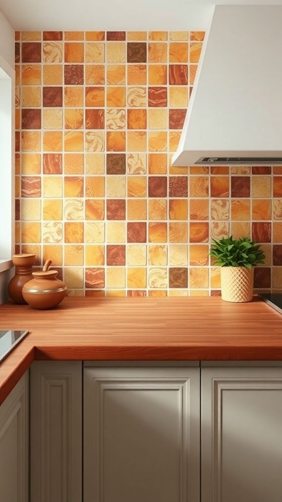A kitchen with earthy terracotta tiles as a backsplash, featuring warm tones and a wooden countertop.