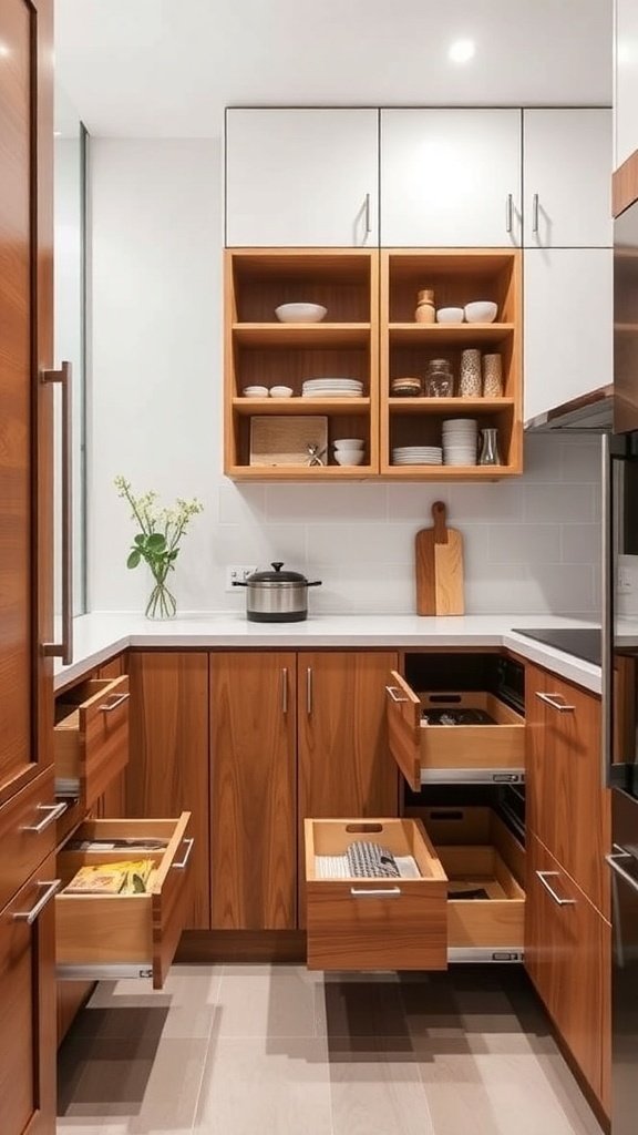 A modern kitchen with smart storage solutions, featuring open shelves and organized drawers.