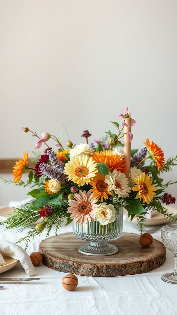 A rustic farmhouse kitchen table centerpiece featuring colorful flowers in a glass vase, with a candle and wooden accents.