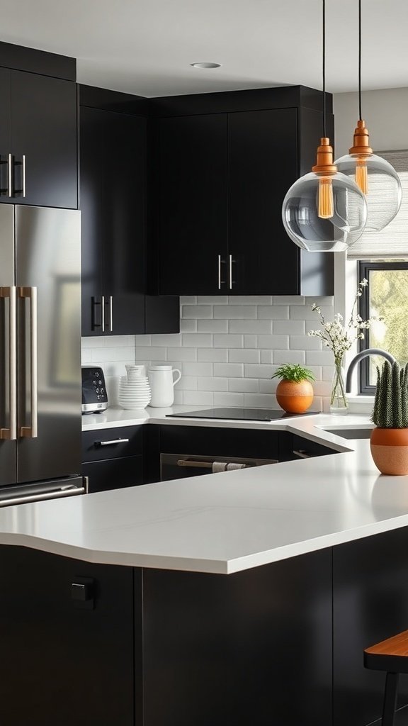 A modern kitchen featuring black cabinets and white countertops, with pendant lights and plants.