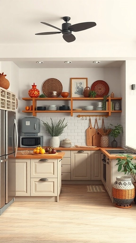 A cozy open kitchen featuring natural wood elements, colorful decor, and plants, reflecting cultural influences.