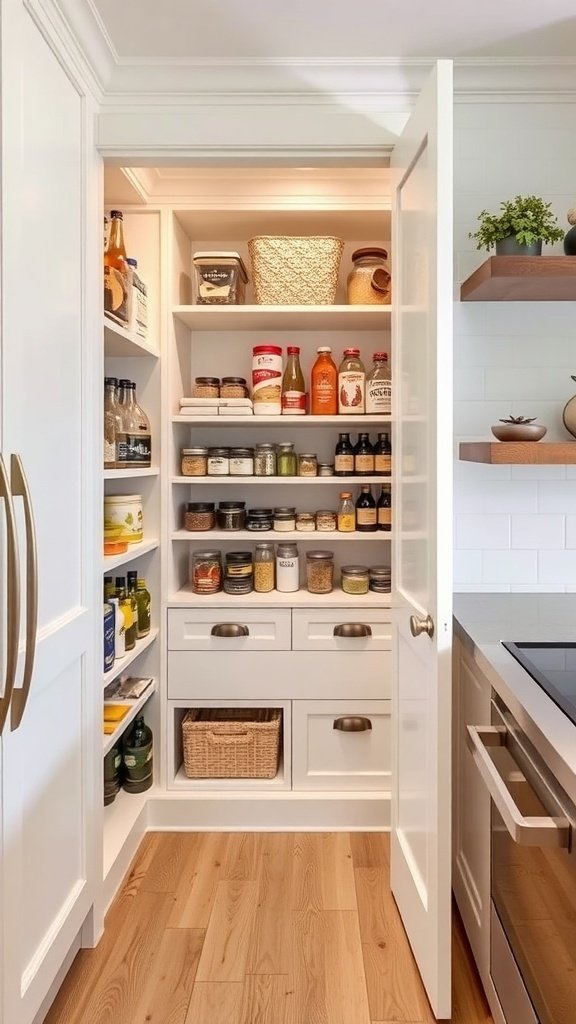A well-organized pantry with shelves filled with jars and bottles, featuring drawers and warm lighting.
