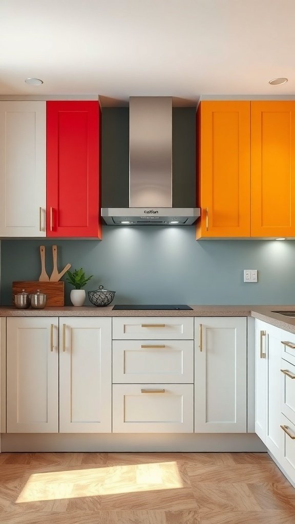 A modern kitchen featuring white cabinets with vibrant red and orange accent cabinets.