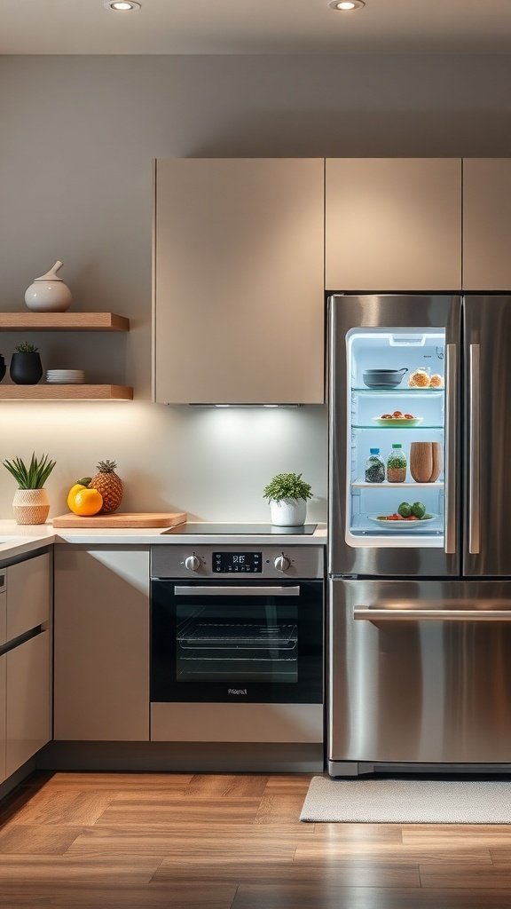 Modern kitchen with a refrigerator and oven, showcasing a clean and functional design.