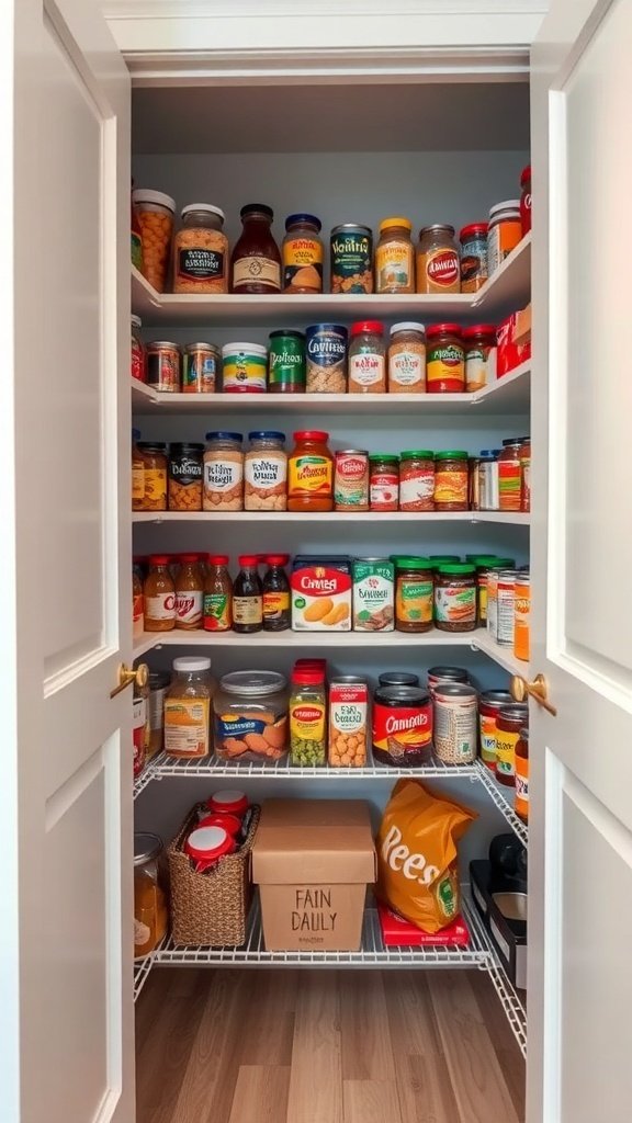 Organized pantry shelves with jars and containers neatly arranged