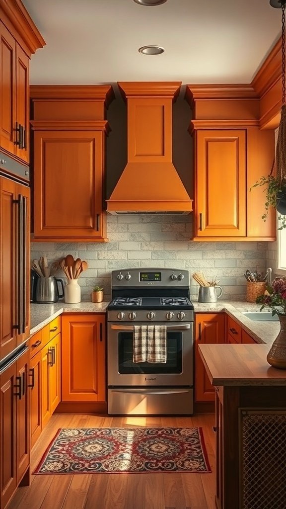 A kitchen with vibrant orange cabinets, a stainless steel stove, and a cozy rug.
