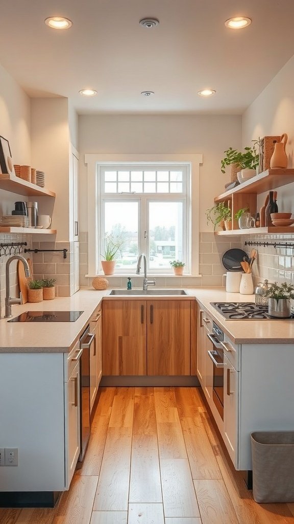 A small kitchen with open shelving, light colors, and a functional layout.