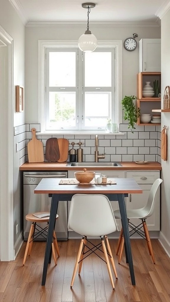 A small kitchen featuring a multi-functional dining table and stylish chairs, with shelves for storage.