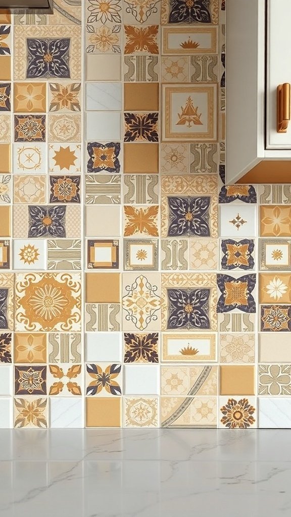 Colorful tile backsplash with various patterns in warm tones