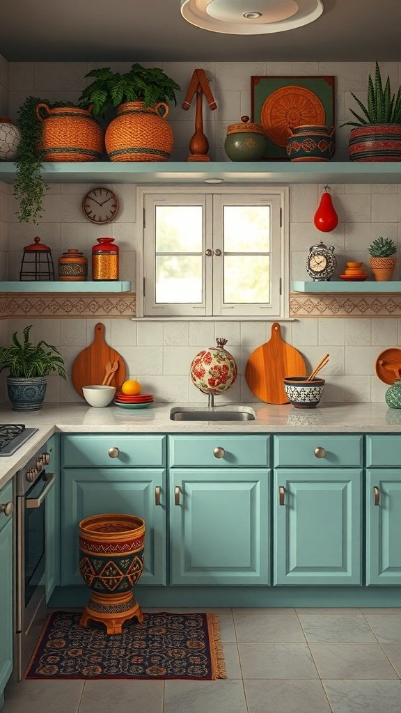 A colorful kitchen with blue cabinets, decorative pots, and plants.