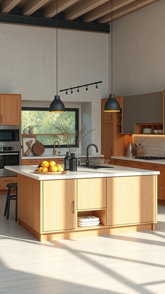 A modern kitchen with a light wood island, black faucet, and pendant lights, featuring oranges on the countertop.