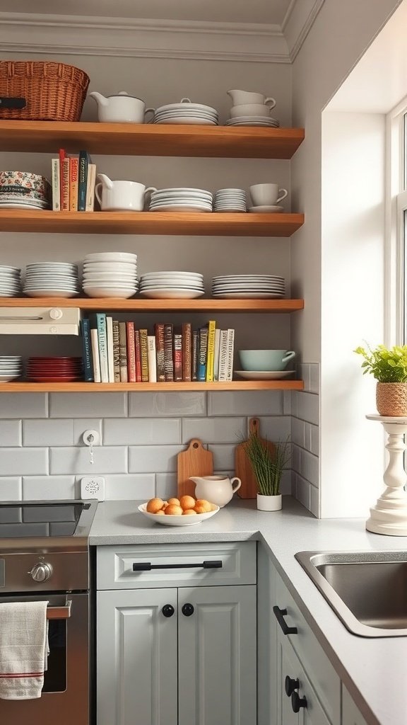 A small kitchen featuring open-concept shelving with plates, books, and decorative items.