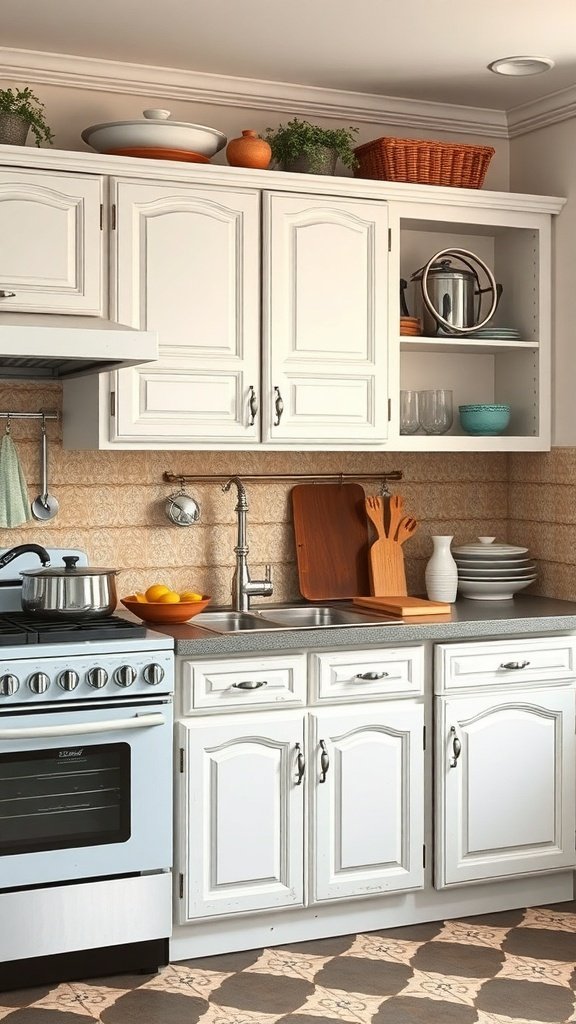 Cozy kitchen with distressed white cabinets and open shelving, featuring classic details and rustic accessories.