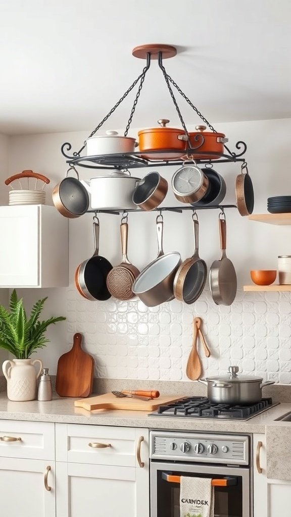 A stylish pot rack displaying various pots and pans in a modern kitchen.
