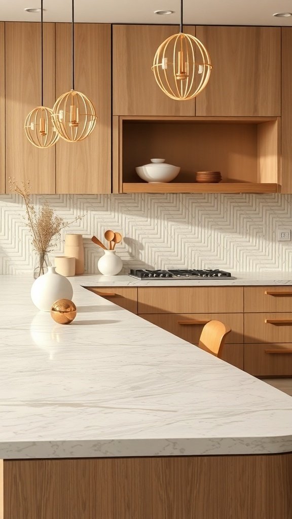 A modern beige kitchen with wooden cabinets and a white marble countertop.