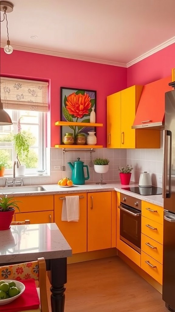 A colorful kitchen featuring pink walls, yellow cabinets, and vibrant decor.