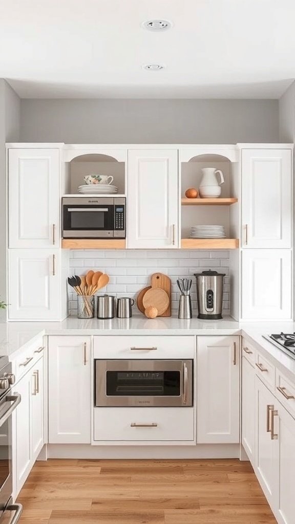 A modern kitchen with an appliance garage featuring a microwave, coffee maker, and organized utensils.