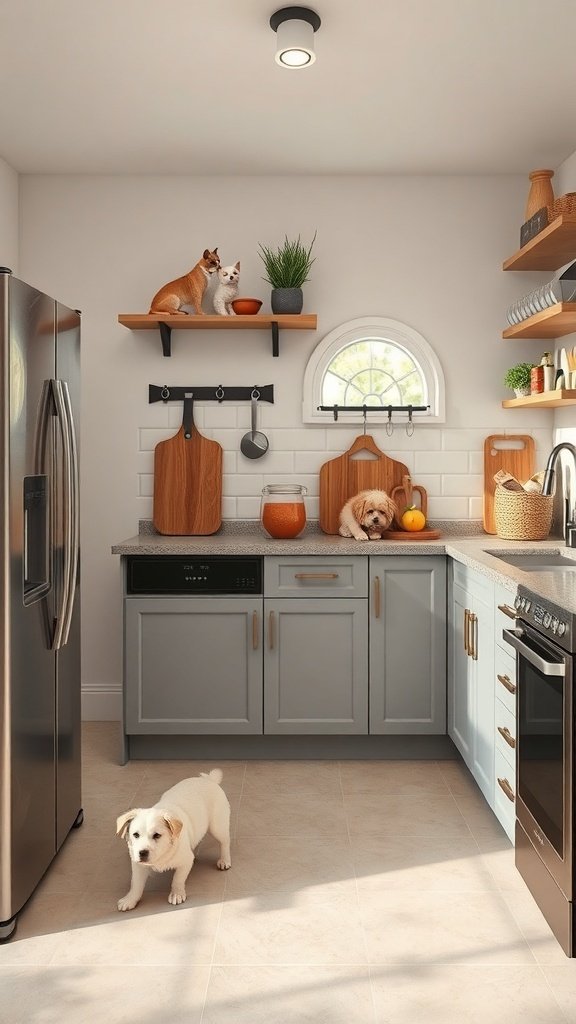 A pet-friendly kitchen with a dog on the floor and cats on the shelves.
