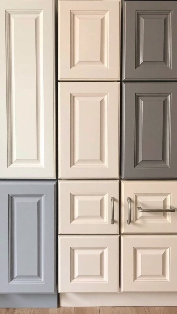 A display of painted kitchen cabinets in gray and cream with modern cabinet hardware.