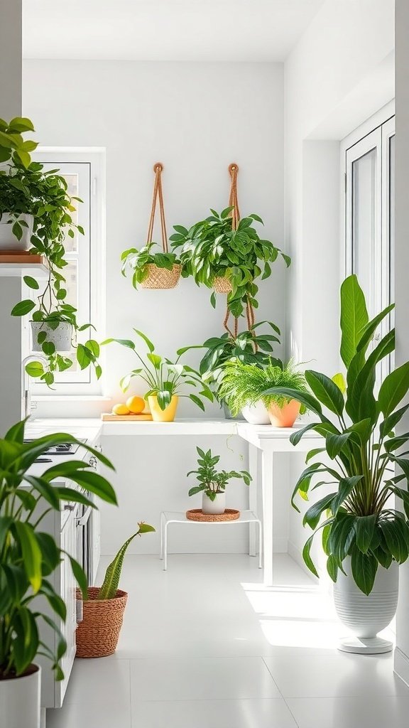 A bright and airy kitchen with plants, white walls, and natural light.