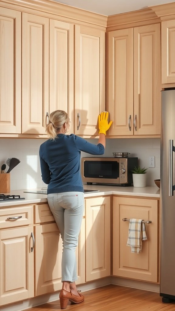 A person cleaning white oak kitchen cabinets with yellow gloves.