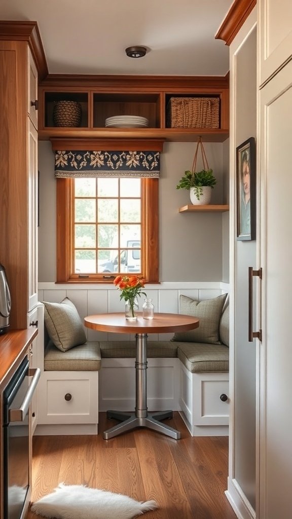 Cozy breakfast nook in a small kitchen with round table and cushioned seating.