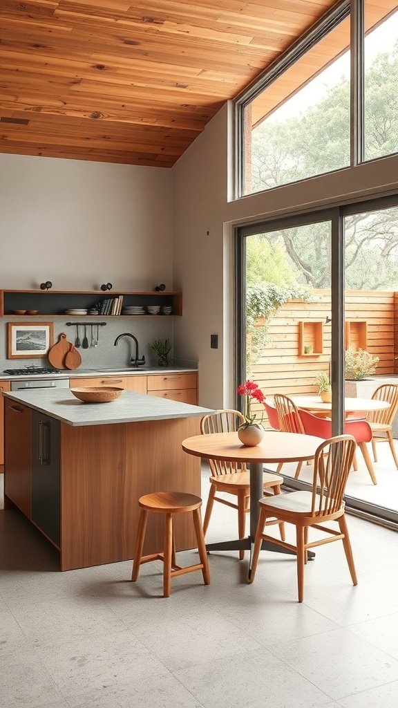 A mid-century modern kitchen with large glass doors leading to an outdoor patio, featuring warm wood tones and a cozy dining area.