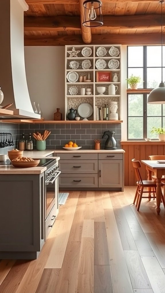 A modern farmhouse kitchen with wooden beams, hardwood floor, open shelving, and a cozy atmosphere.