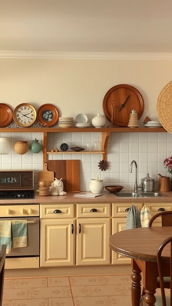 A cozy beige kitchen featuring family heirlooms on shelves, wooden cutting boards, and a round wooden table.