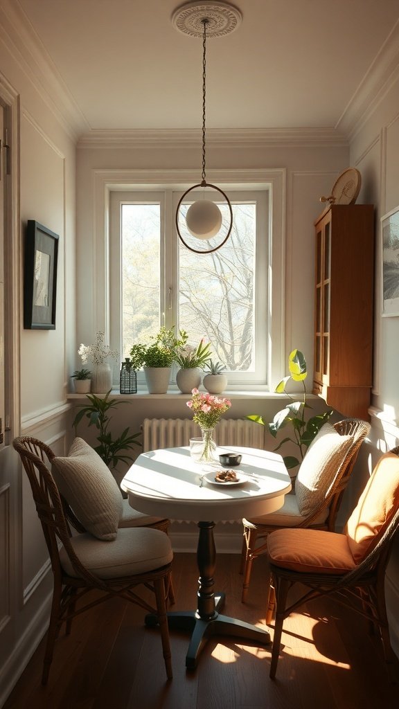A cozy breakfast nook with a small table, two chairs, and plants by the window.