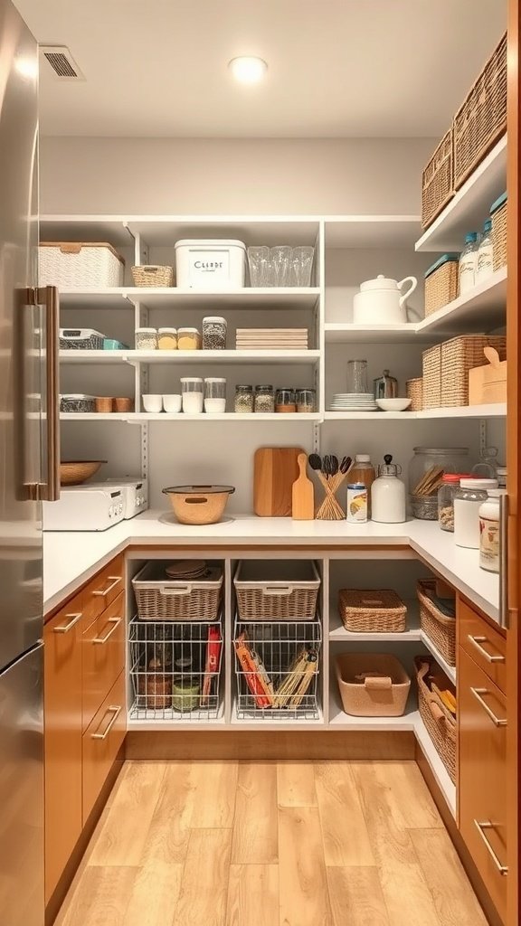 A well-organized mid-century modern pantry with shelves, baskets, and jars.
